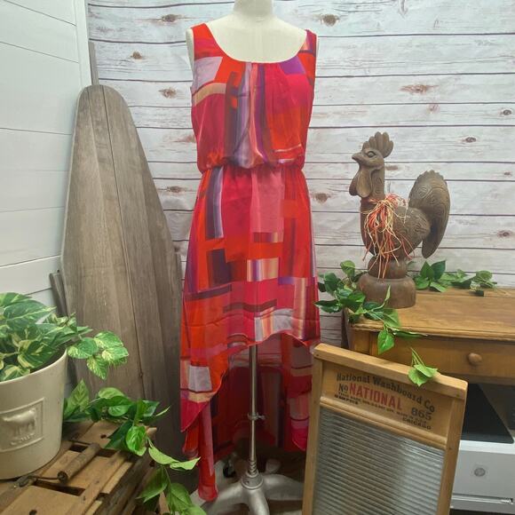 SNAP Hi-Low Colorblock Sleeveless Summer Dress Elastic Gathered Waist Size M - Picture 1 of 10